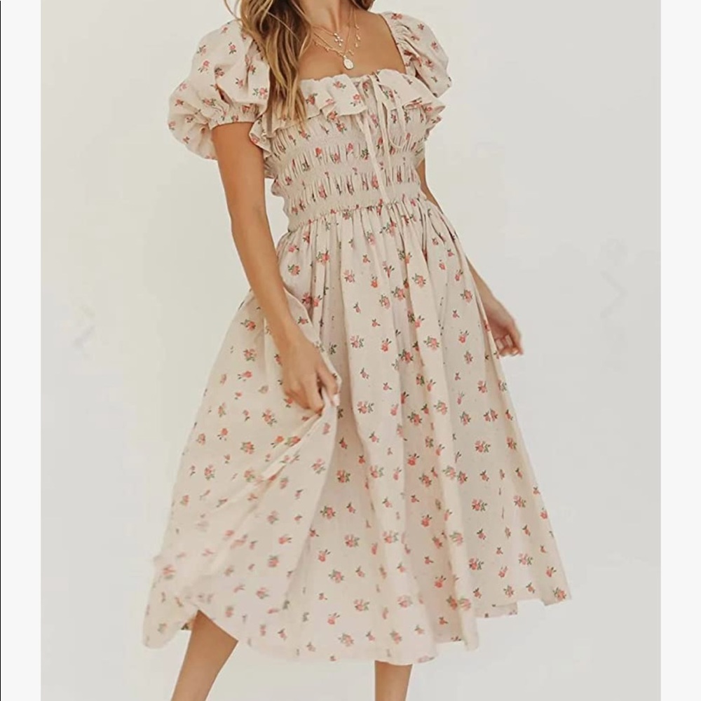 Smocked Puff-Sleeve Floral Midi Dress